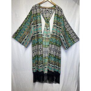 Dizzy Lizzy Bohemian Aztec Fringe Hem Open Front Cardigan Women Small Multicolor